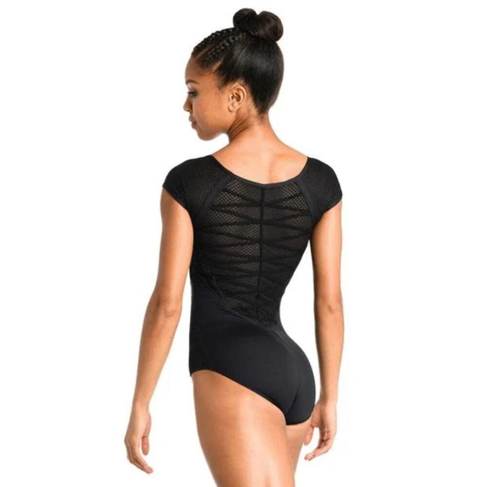 Women's Black Mesh-Back Bodysuit Leotard